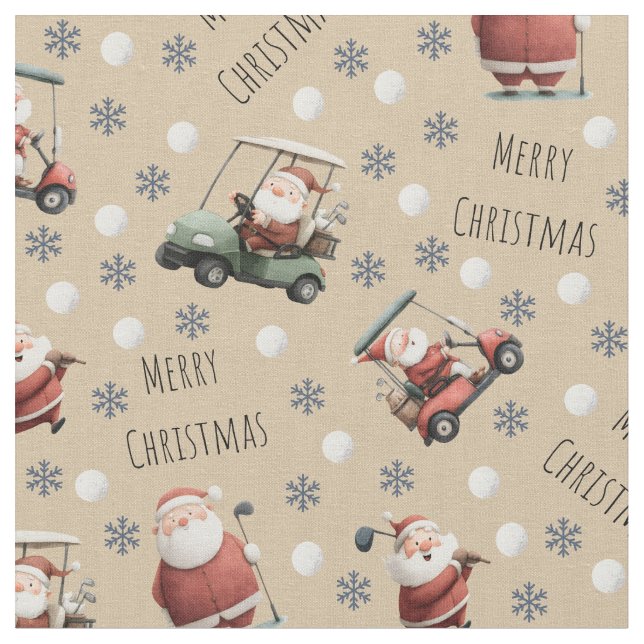 Golfing Santa on Light Tan Fabric (Close Up)