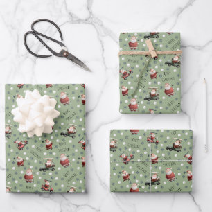 Golfing Santa on Olive Green Wrapping Paper Sheets