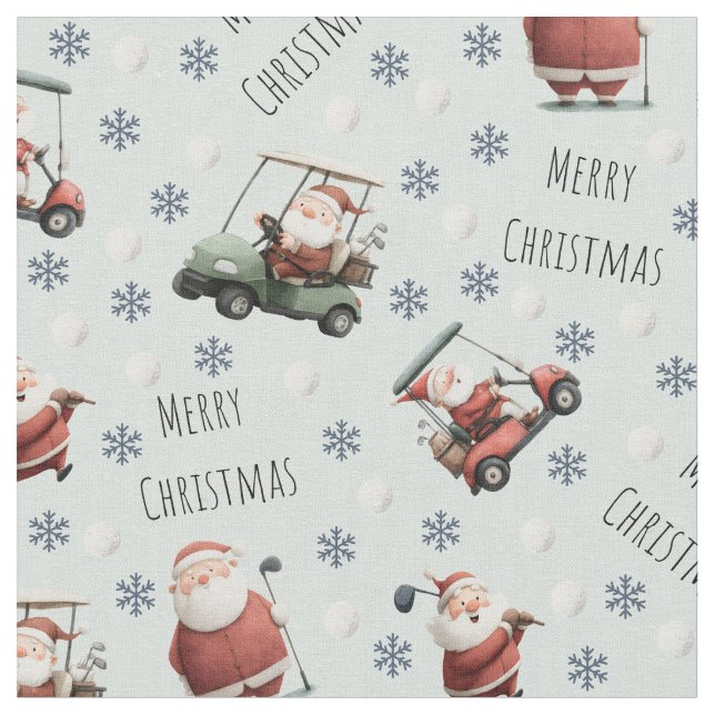 Golfing Santa on Pale Green Fabric (Close Up)