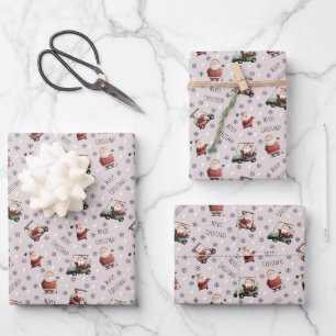 Golfing Santa on Pale Pink Wrapping Paper Sheets