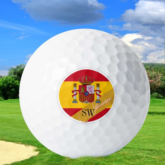 Golfing Spain & Monogram, Spanish Flag /golden Golf Balls (Creator Uploaded)