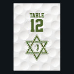 Golfing Theme Golf Bar Mitzvah Table Number<br><div class="desc">Golf themed Bar Mitzvah reception table number card with a golfball background and green grass accents. This golfing Bar Mitzvah reception table number card is stylish and modern. This golf themed Bar Mitzvah table number card features a subtle dimpled golfball background with a Jewish Star of David and golfing icon....</div>