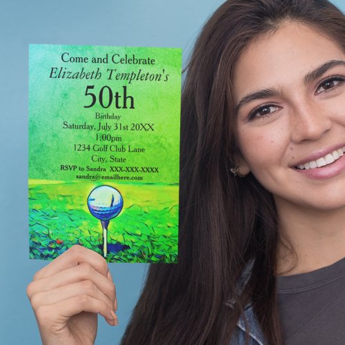 Golfing Themed Womens 50th Birthday Tee Off Invitation