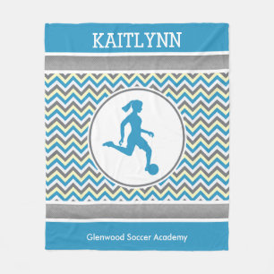 Golly Girls Blue Chevron Stripes Soccer With Name Fleece Blanket
