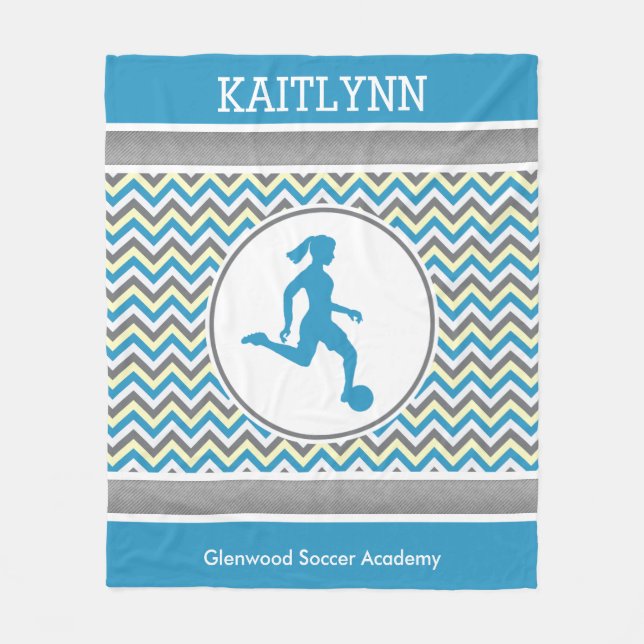 Golly Girls Blue Chevron Stripes Soccer With Name Fleece Blanket (Front)
