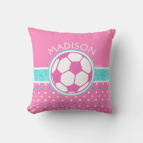 Golly Girls Pink and Teal Soccer Ball Monogrammed Throw Pillow