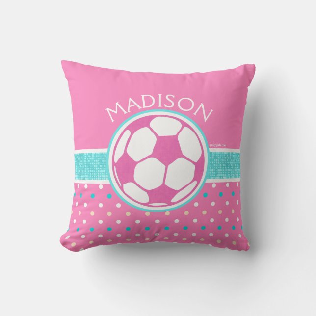 Golly Girls: Pink and Teal Soccer Ball Monogrammed Throw Pillow (Front)