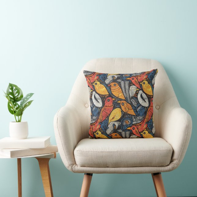 Gond Art - birds Throw Pillow (Chair)