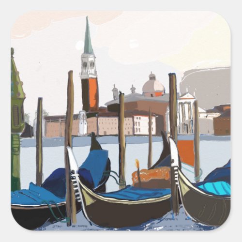 Gondolas tethered by St Marks Square Venice Square Sticker