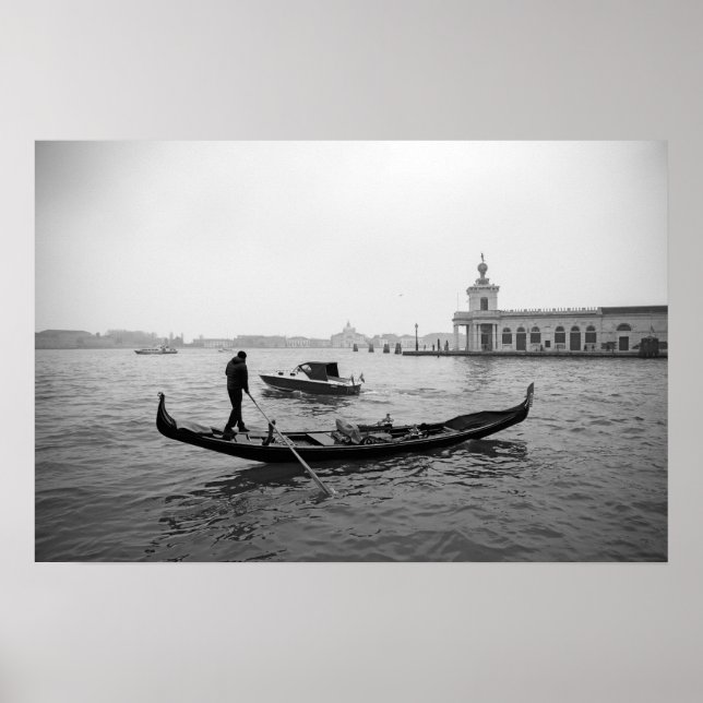 Gondolier Venice Italy black and white landscape Poster (Front)