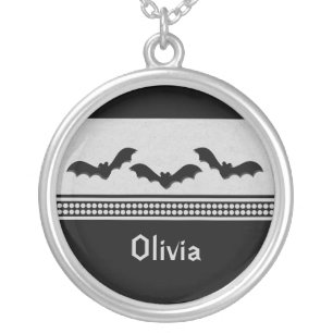 Gone Batty Halloween Necklace, Light Gray Silver Plated Necklace