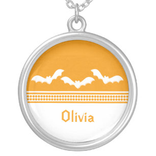 Gone Batty Halloween Necklace, Orange & White Silver Plated Necklace