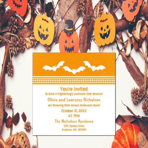 Gone Batty Halloween Party Invite Orange  White Invitation