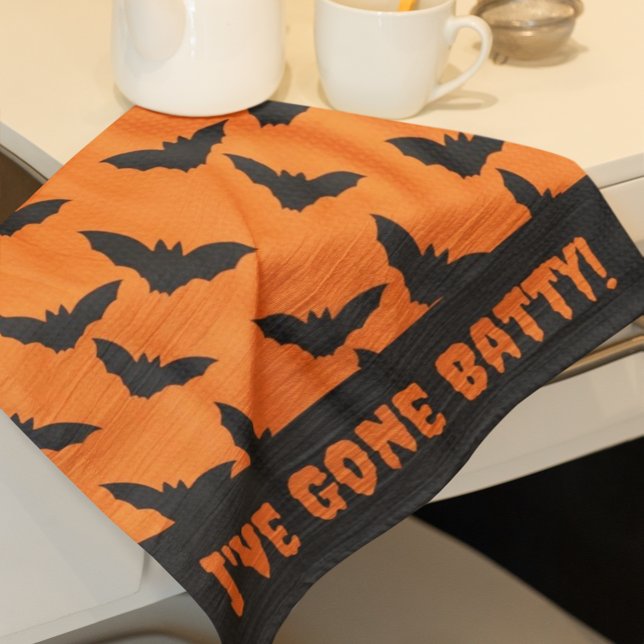 Gone Batty! Orange and Black Halloween  Kitchen Towel (Bats in the kitchen!)
