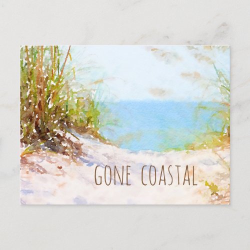 Gone Coastal New Home Beach Path Watercolor Announcement Postcard