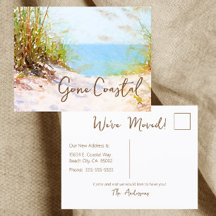Gone Coastal New Home Wave On Beach Watercolor Announcement Postcard