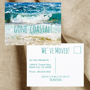 Gone Coastal New Home Wave On Beach Watercolor Announcement Postcard