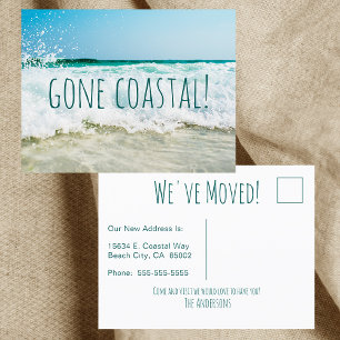 Gone Coastal New Home Wave On Beach Watercolor Announcement Postcard