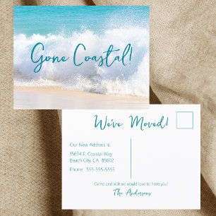 Gone Coastal New Home Wave On Beach Watercolor Announcement Postcard