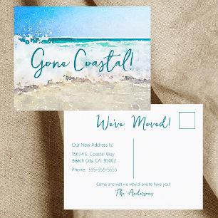 Gone Coastal New Home Wave On Beach Watercolor Announcement Postcard