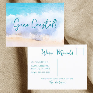 Gone Coastal New Home Wave On Beach Watercolor Announcement Postcard