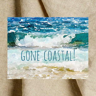 Gone Coastal New Home Wave On Beach Watercolor Announcement Postcard