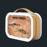 GONE FISHIN' LUNCH BOX<br><div class="desc">A couple of fishing flies on an earth tone background with text stating "Gone Fishin'".</div>