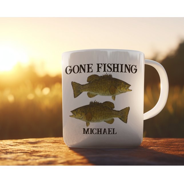 Gone Fishing Bass Angler Outdoors Custom Name Coffee Mug (Gone fishing smallmouth bass personalized coffee mug for anglers.)