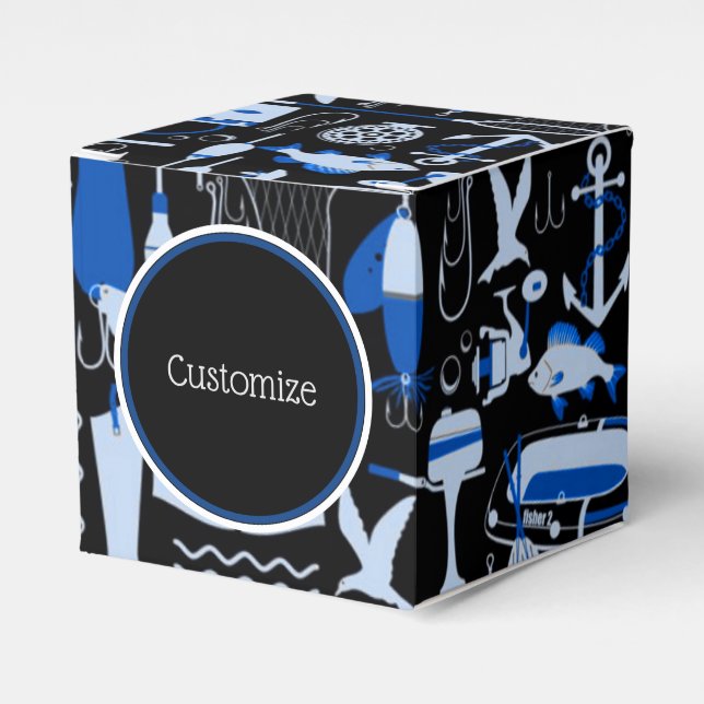 Gone Fishing Blue Pattern  Cube Favor Boxes (Front Side)