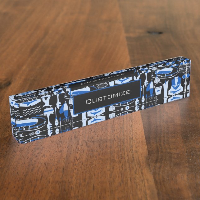 Gone Fishing Blue Pattern Desk Name Plate (Side)