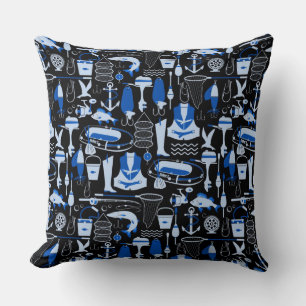 Gone Fishing Blue Pattern Throw Pillow