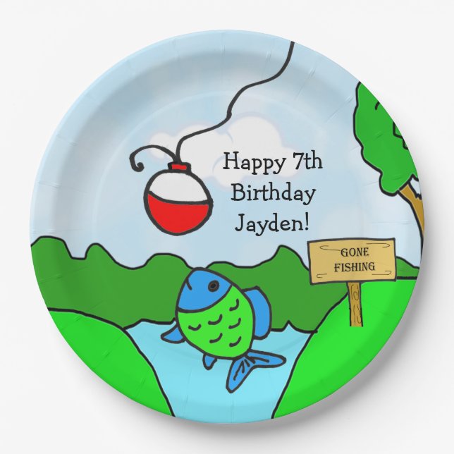 Gone Fishing Boy's Birthday Party Paper Plates (Front)