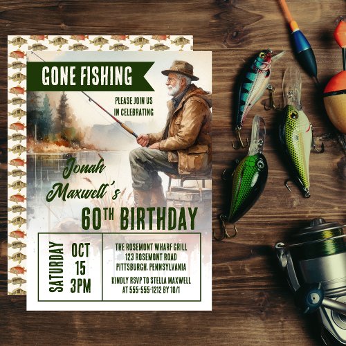 Gone Fishing Fisherman Scene Birthday Party Invitation