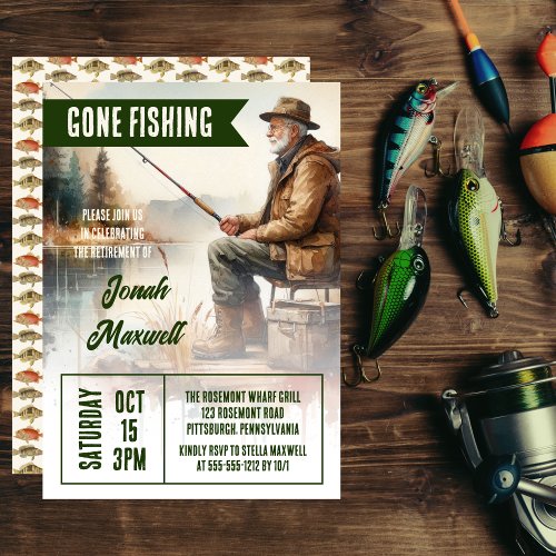 Gone Fishing Fisherman Scene Retirement Party Invitation