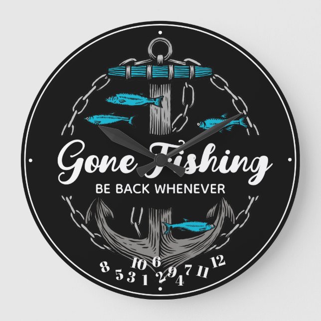 Gone Fishing Funny Fallen Numbers Anchor Fish Large Clock (Front)