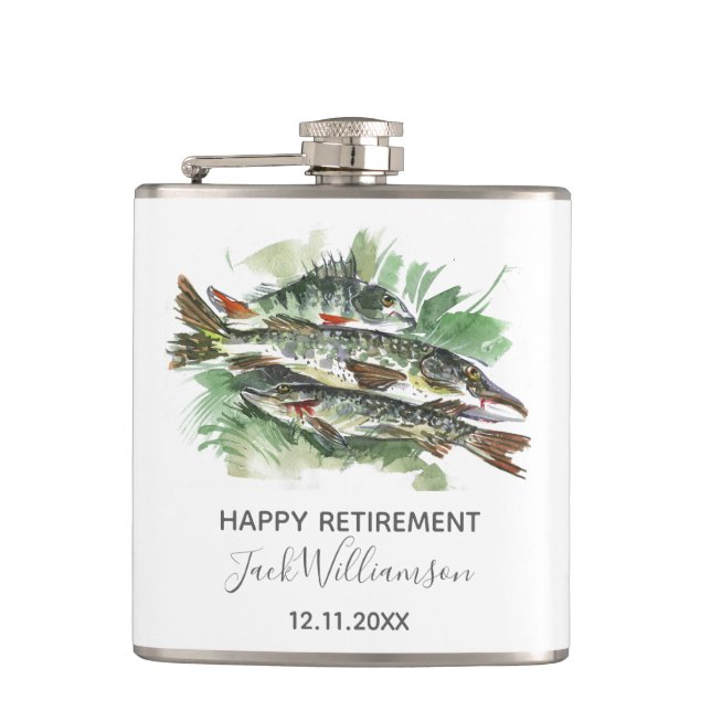 Gone Fishing Happy Retirement  Watercolor Pike Flask (Front)