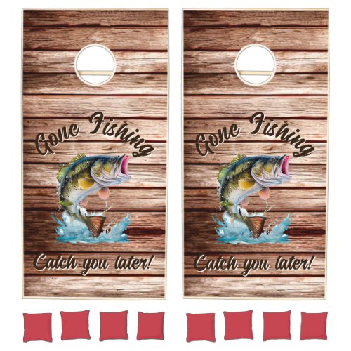 Gone Fishing Jumping Bass Barn Wood Cornhole Set