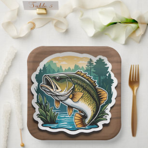 Gone Fishing Large Mouth Bass Fish on Wood Paper Plates