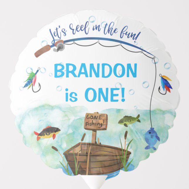 Gone fishing little fisherman themed birthday balloon (Front)