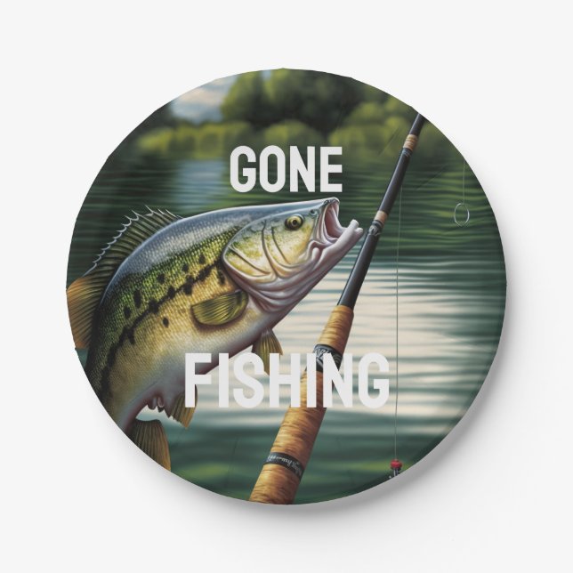 Gone Fishing Man Cave Lake House Bass Fish Paper Plates (Front)