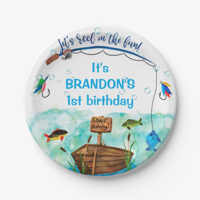 Gone fishing O-fish-ally fishing themed birthday  Paper Plates (Front)