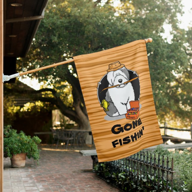 Gone Fishing Old English Sheepdog (Gray 1) OES House Flag (In SItu)