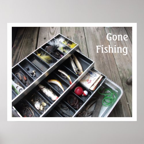 Gone Fishing Open Tackle Box on Dock Poster