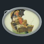 Gone Fishing Oval Belt Buckle<br><div class="desc">Artist: Norman Rockwell | Sleeping old man & dog in rowboat w/multiple fishing lines</div>