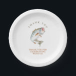 Gone fishing  paper plates<br><div class="desc">This charming paper plate is adorned with a lively illustration of a grey and brown fish caught in mid-jump, bringing a burst of energy and natural beauty to your table setting. The fish's detailed depiction, featuring realistic hues and dynamic motion, captures the essence of aquatic life, making it an eye-catching...</div>