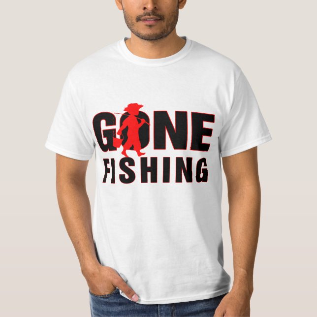 Gone Fishing-Red & Black Text Design T-Shirt (Front)