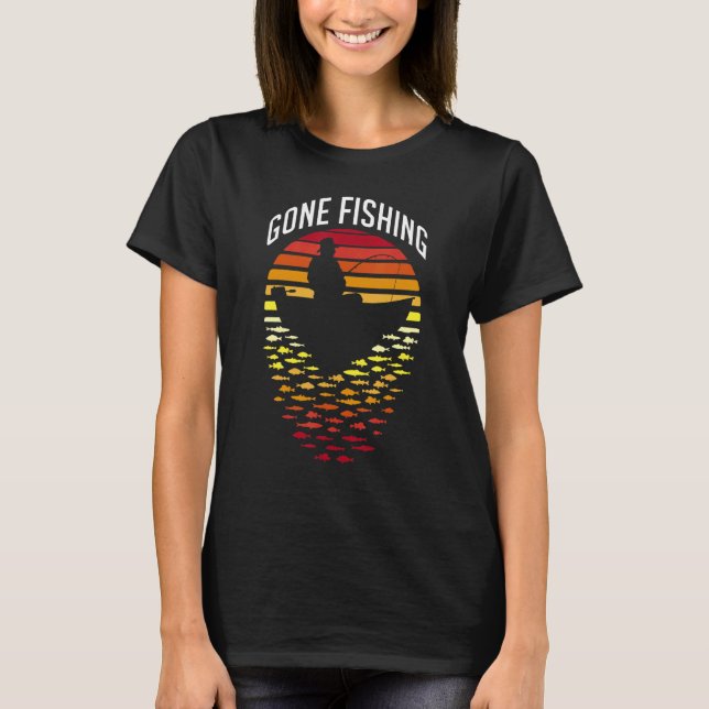 Gone Fishing Retro Sunset   Fisherman Dad And Boat T-Shirt (Front)