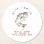 Gone fishing  round paper coaster<br><div class="desc">These coasters feature an elegant and energetic design of a grey and brown fish in mid-jump, bringing a touch of the natural aquatic world to your tabletops. The vivid depiction of the fish, rendered in realistic hues and dynamic motion, captures the grace and vitality of freshwater life, making these coasters...</div>