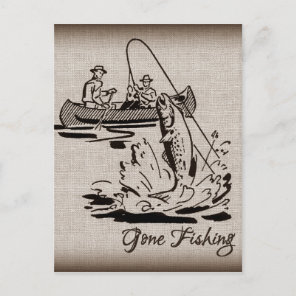 Gone Fishing Vintage Canoe Kayak Fish on Burlap Postcard