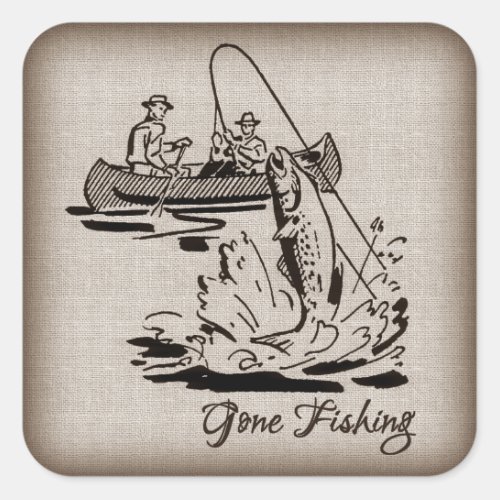 Gone Fishing Vintage Canoe Kayak Fish on Burlap Square Sticker